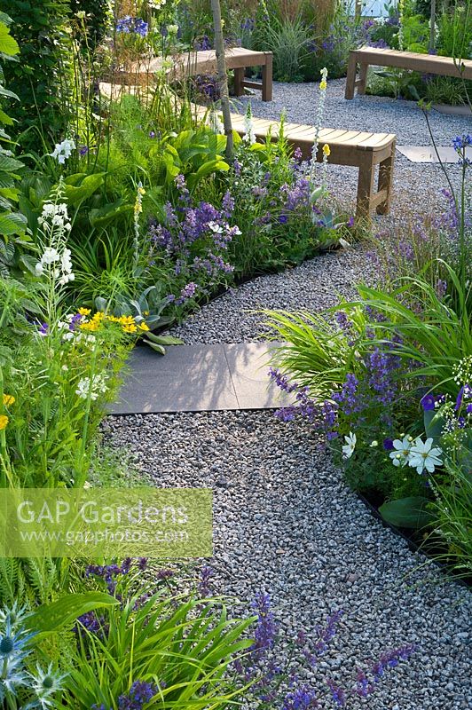 Contemporary garden with gravel path and circular seating area with wooden benches. Designers Catherine Chenery Barbara Harfleet