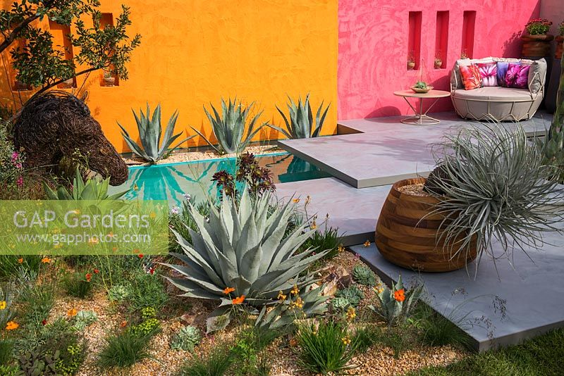 The Inland Homes: Beneath a Mexican Sky garden at the RHS Chelsea Flower Show 2017. Sponsor: Inland Homes plc. Designer: Monoj Malde. Awarded a Silver