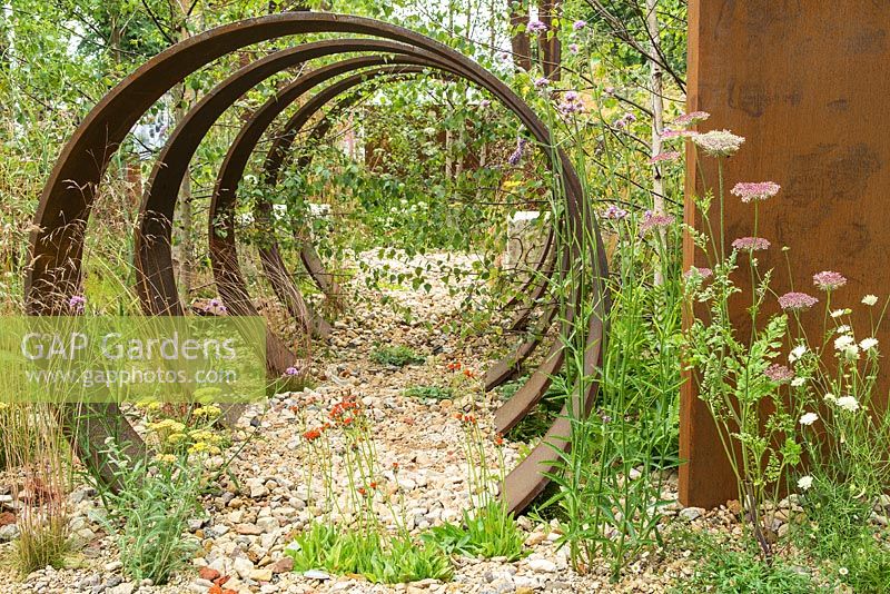 The Brownfield Metamorphosis garden at the RHS Hampton Court Flower Show 2017. Designer: Martyn Wilson. Sponsor: St Modwen Properties plc. Gold Medal.