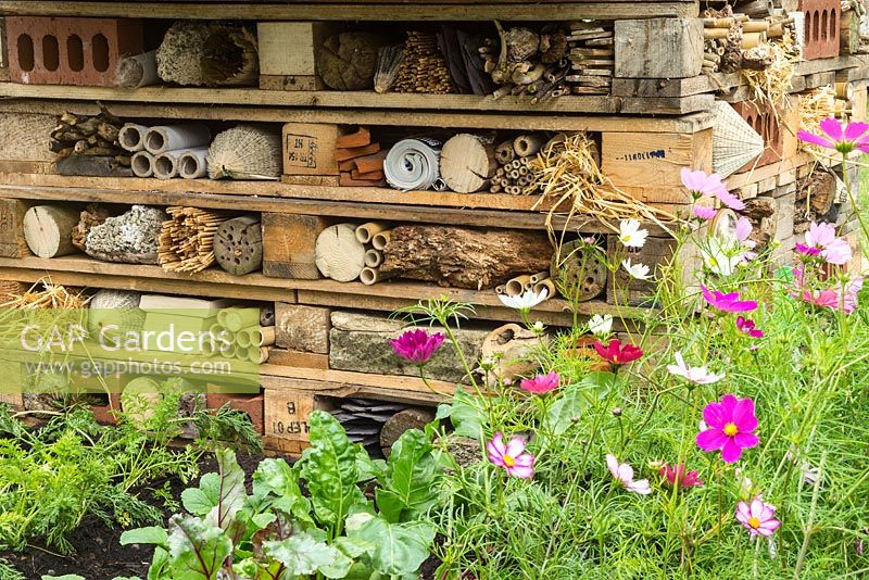 Wooden pallets filled with materials to create a wildlife haven for insects. Created by the Walton Charity. RHS Hampton Court Flower Show 2017.