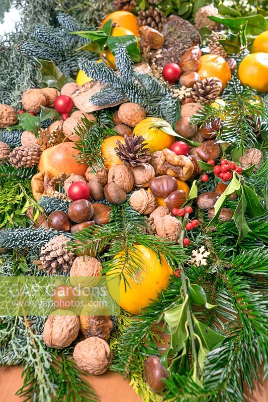 Christmas decoration with nuts and fruit