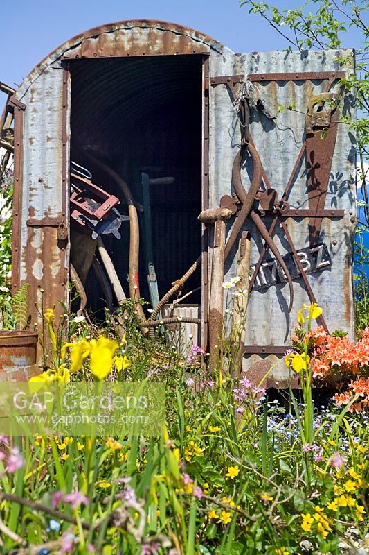 Old rusty shed with tolls & meadow flowers in summer