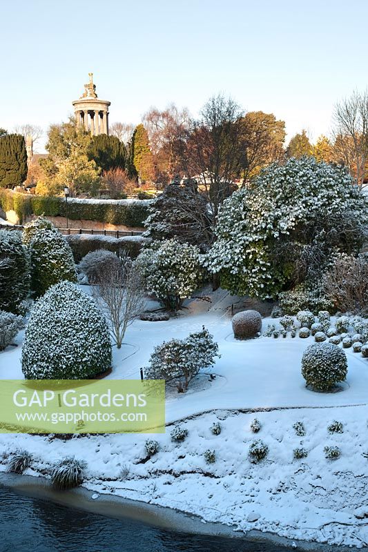 Snow covers the Robert Burns monument and gardens at Alloway, Ayrshire, Scotland