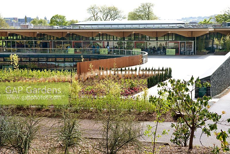 View of the new John Hope Gateway visitor centre cafe & deck at RBG Edinburgh, Scotland.