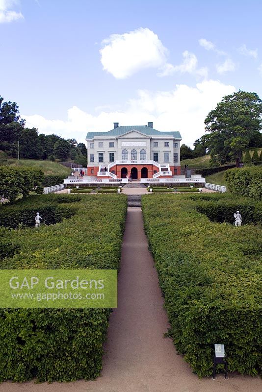 Gunnebo House Sweden View up from the pond area towards the main house over the Bosquet formal French Baroque gardens