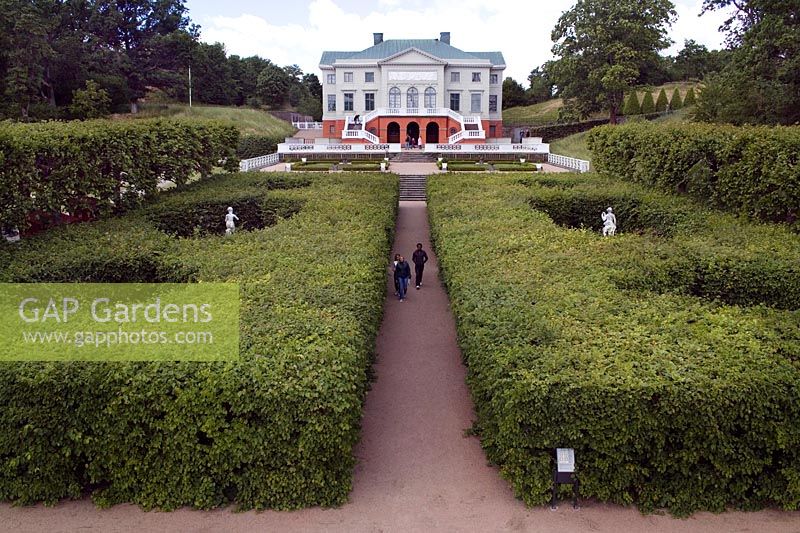 Gunnebo House Gothenburg Sweden View up from the pond area towards the main house over the Bosquet formal French Baroque gardens