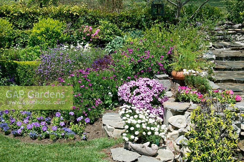 Garden scenery with summerflowers and watercourse