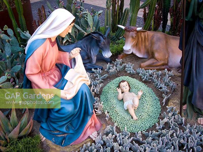 Barcelona, Spain. Baby Jesus and nativity story 'garden'