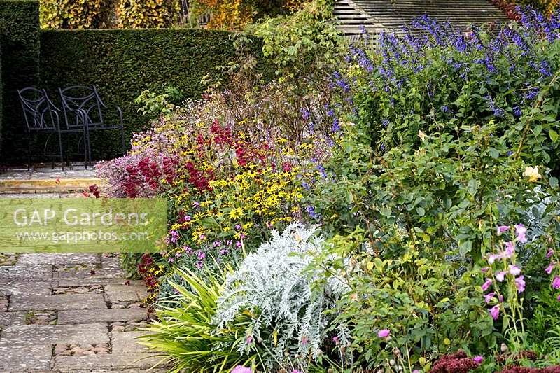 Bourton House Garden, autumn, deep informal autumnal  borders with paved path