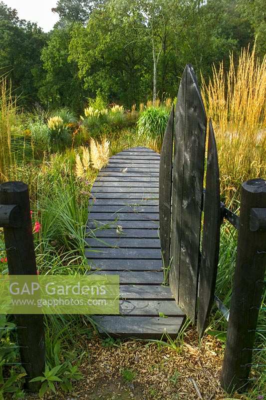 Hookhill Plantation, Devon, UK. ( The Big Grass Company, Alison and Scott Evans  )small Grass nursery with attached show garden.Late summer/autumn garden with grasses, wooden 'surf board' viewing platform