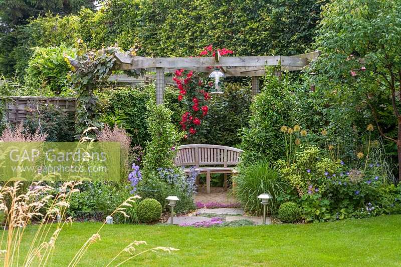 18 Queens Gate, Bristol, UK ( Sheila White ) small town garden in summer. pergola in corner with restful bench seat