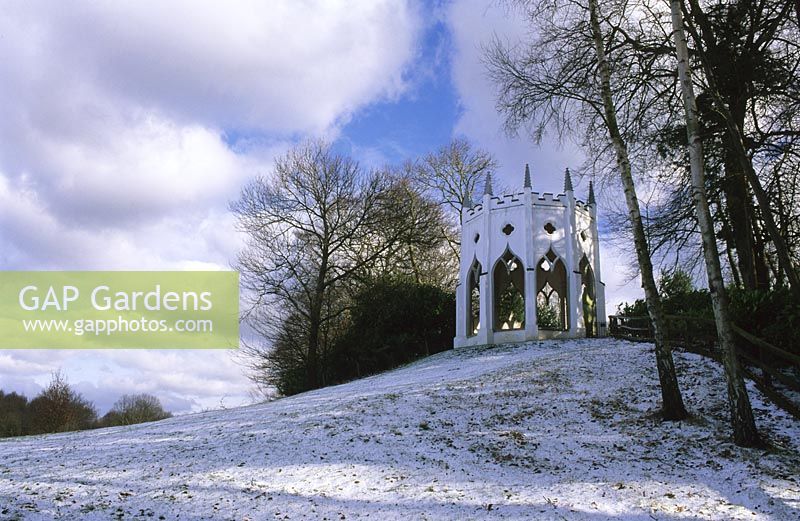 Painshill Surrey Picturesque landscape garden Gothic tower in winter