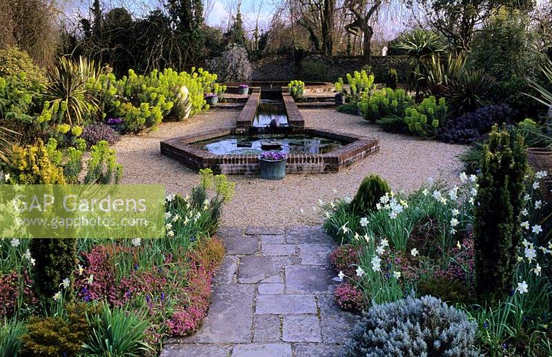 Rymans Sussex Mediterranean sunken garden with formal pond