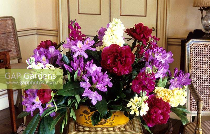 Parham Sussex cut flower floral arrangement by Joe Reardon Smith double peonies rhododendrons double stocks May