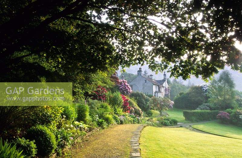 Rydall Mount Cumbria William Wordsworths house garden early summer w Rhododendrons path