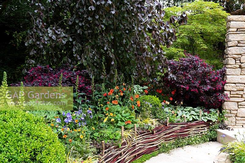 Miles Stone: The Kingston Maurward Garden. Colourful woven screen fencing a raised bed by curved path. Designer: Michelle Brown, Sponsor: Miles Stone. Kingston Maurward College. RHS Chelsea Flower Show 2019
