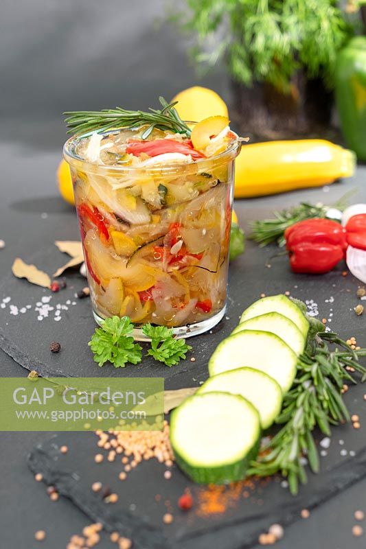 Pickled vegetables with Cucurbita pepo con. giromontiina