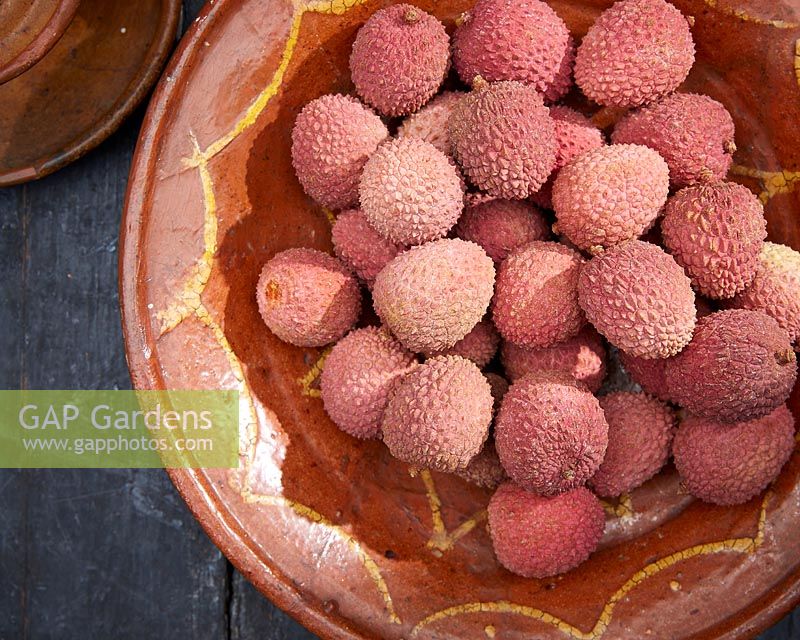 Litchi chinensis, Lychee on brown plate . 