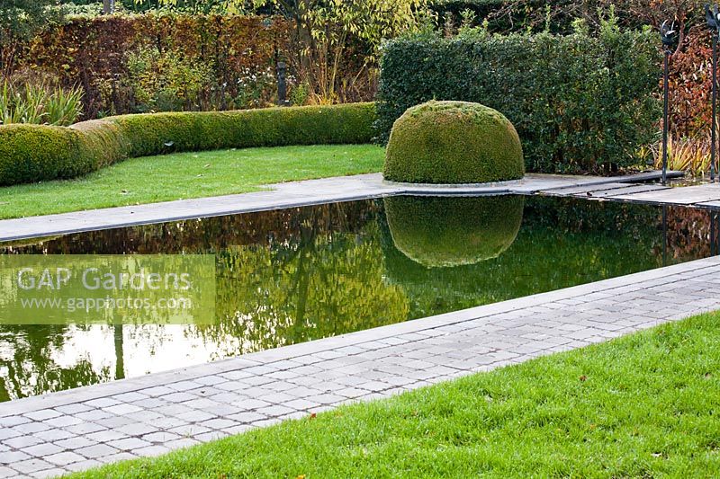 Garden with swimming pool edged with paving and enclosed by a mix of hedging
