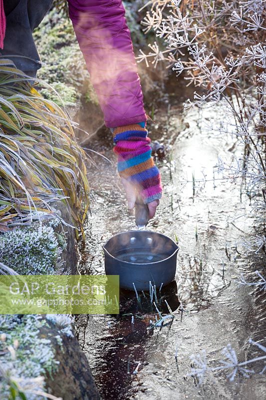 Woman melting ice on a frozen pond using a saucepan of boiling water