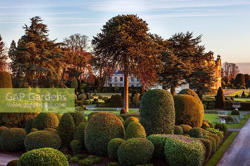 View of formal gardens at Brodsworth hall, Yorkshire. 

