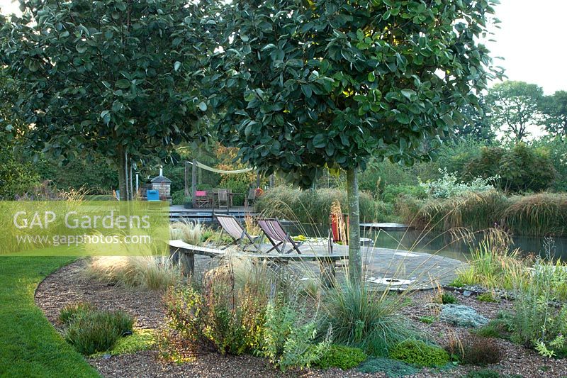 View of seating area at the side of the natural swimming pool at Ellicar Gardens, Nottinghamshire.