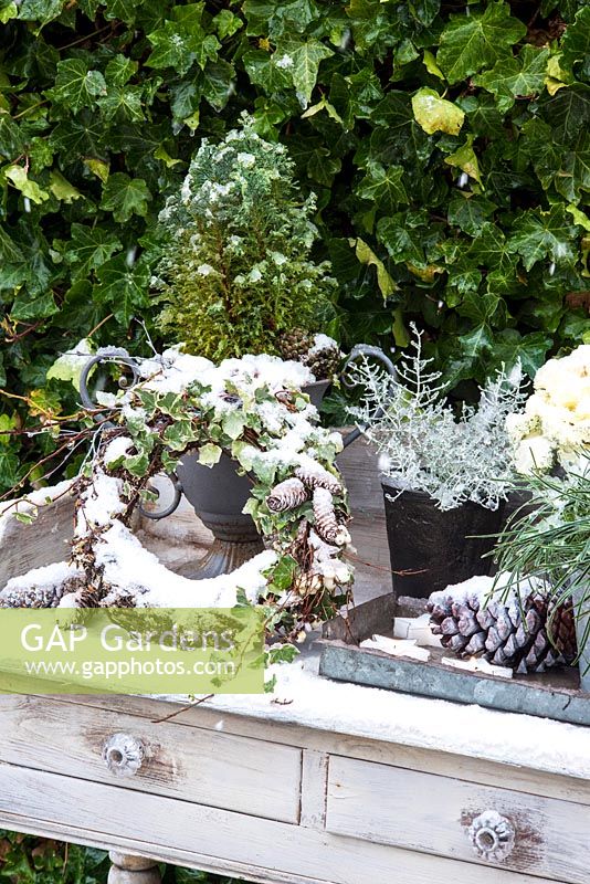 Close up of winter garden decoration on table with wreath, cones and evergreens. 
