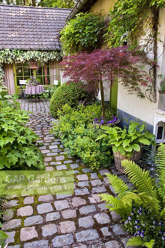 Paved courtyard with borders and seating area. 