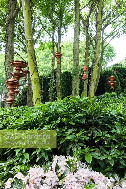 Terracotta sculptures by Sergei Katran, Le Jardin des bruits de la nature. Les Jardins D'etretat, Normandy, France.