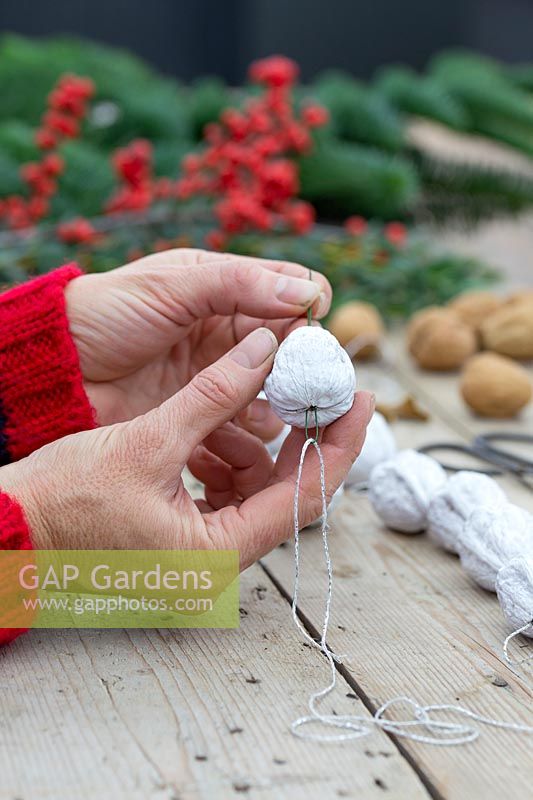 Close up detail of person threading walnuts using a piece of floristry wire. 