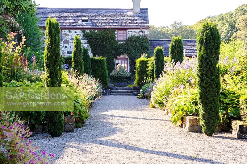 Double herbaceous borders with a frame of English yew buttresses and upright Taxus baccata 'Fastigiata Robusta'. Plas Cadnant Hidden Gardens, Menai Bridge, Anglesey, UK