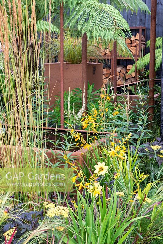 Crocosmia 'George Davison' with Dahlia 'Mystic Illusion', Calamagrostis x acutiflora 'Overdam' and Veronicastrum virginicum 'Album next to a Corten water container - Bee's Gardens, The Penumbra, RHS Tatton Park Flower Show 2018