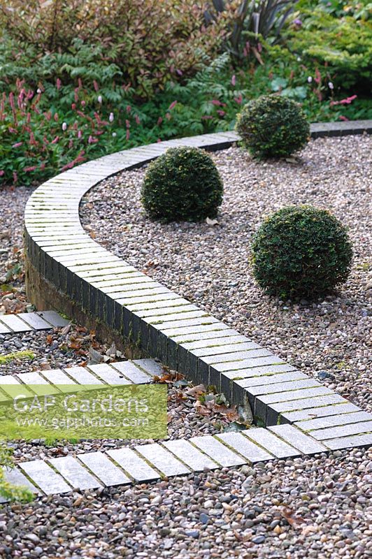 Clipped yew spheres on a gravel terrace - Shropshire, UK