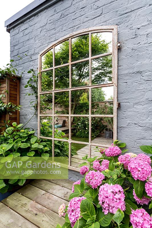 Garden mirror with pink Hydrangea and wood decking