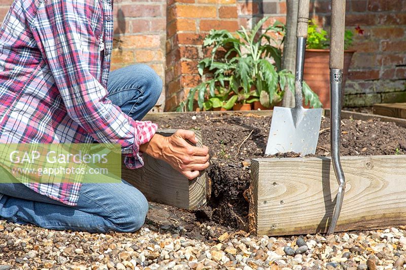 Woman removing wooden board needing replacing. 