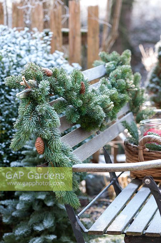 A bench inside a garden powdered by snow. The bench is decorated with a festoon 
out of fir tree and a basket filled with caucasian fir, 4 red candles and Pinus 
strobus cones. You see a quick advent decoration or wreath