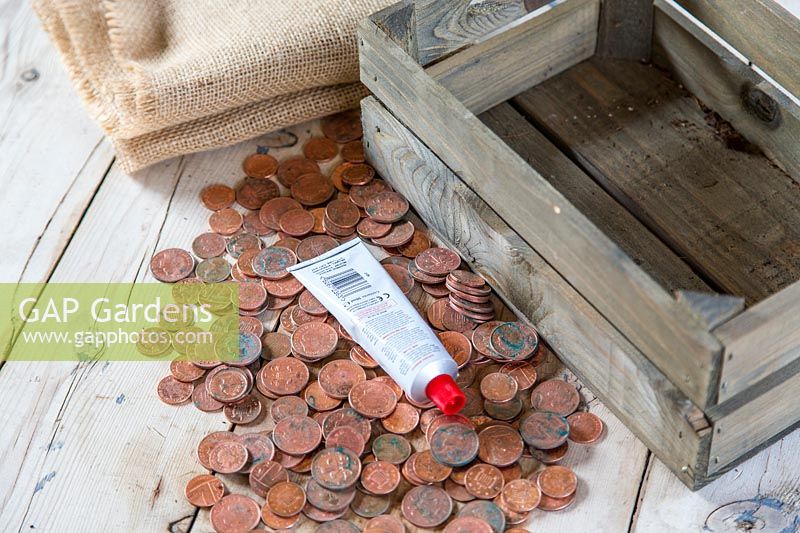 Materials for creating copper coin decorated slug resistant planter. 