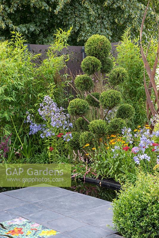 Water rill next to a mixed border - Brilliance in Bloom, RHS Hampton Court Palace Flower Show 2018