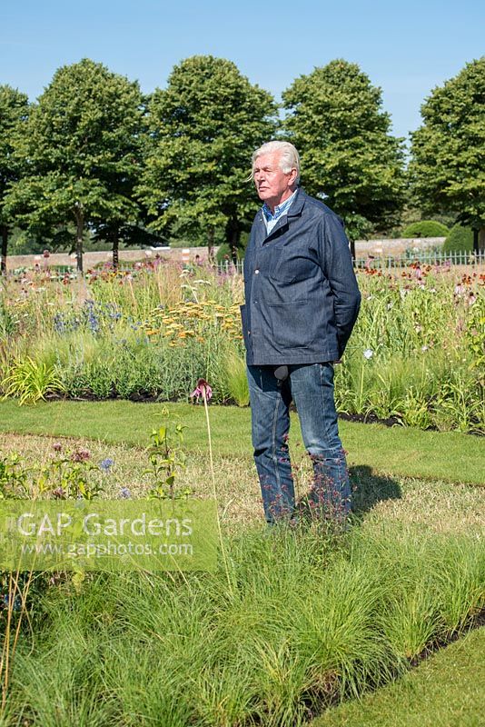 Piet Oudolf in his meadow created at RHS Hampton Court Palace Flower Show 2018 - Iconic Horticultural Heroes