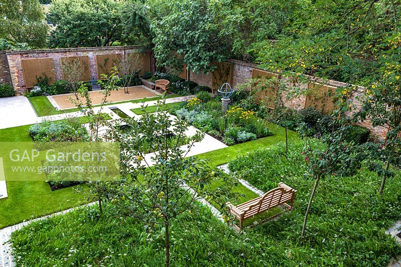 Overview of wild flower turf and fruit trees, London