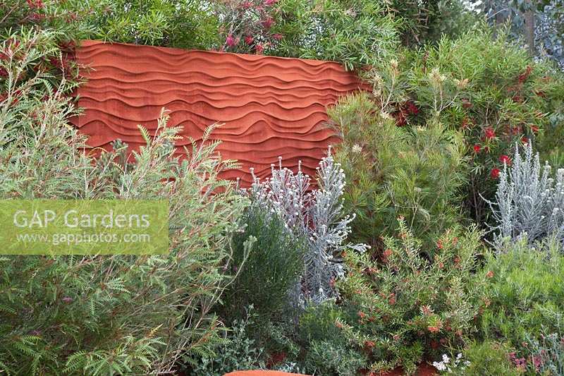 Sand dune wall sculpture and native Australian plants in The Australian Garden. RHS Chelsea Flower Show 2011. 