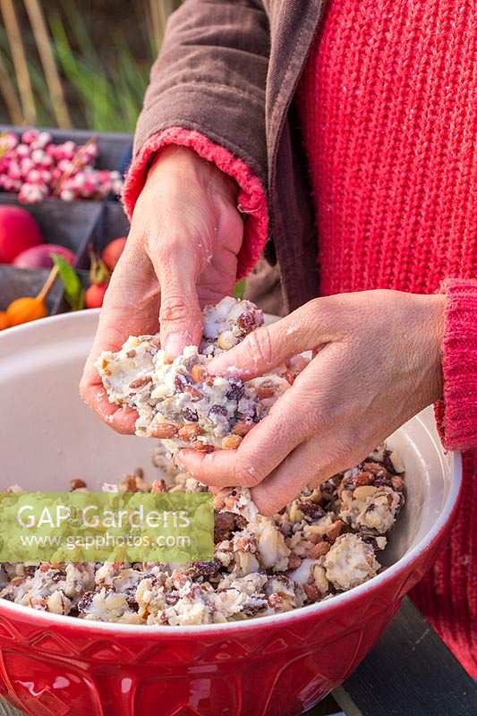 Woman mixing lard, nuts and raisins together to make bird feed cake mixture.