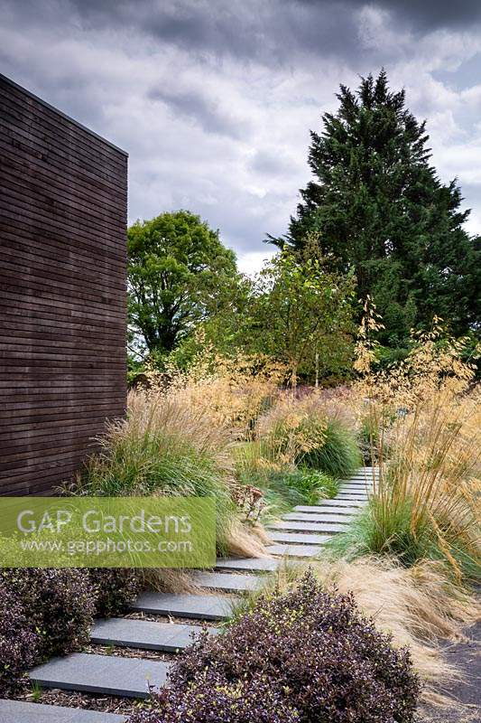 Paved, stepping-stone pathway bordered by ornamental grasses and perennials in contemporary garden. Designed Elks-Smith Garden Design.
