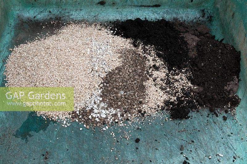 Grit and sand to make a free-draining soil for Lithops Landscape. 