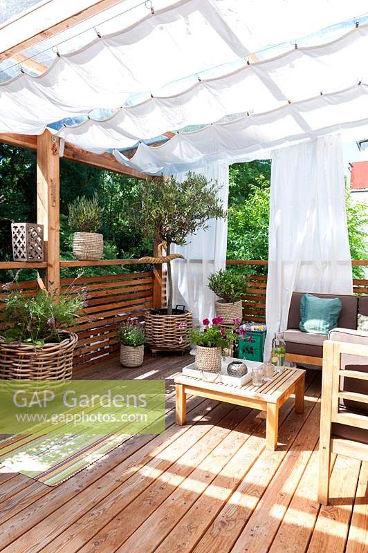 View of mediterranean summer balcony, planted with lavender and olive tree.  Planted in baskets.  White curtains as Sun protection and blinds.