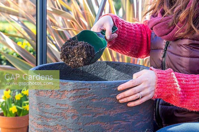 Woman adding gritty compost to decorative container.
