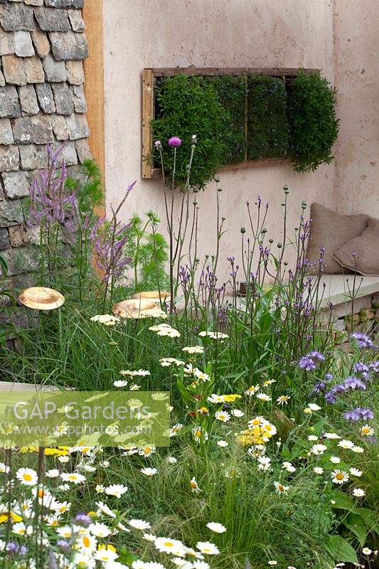 Herbs mounted on the wall above a seating area, surrounded by ontemporary planting. Cotswold Connections, RHS Tatton Park Flower Show, 2016. 