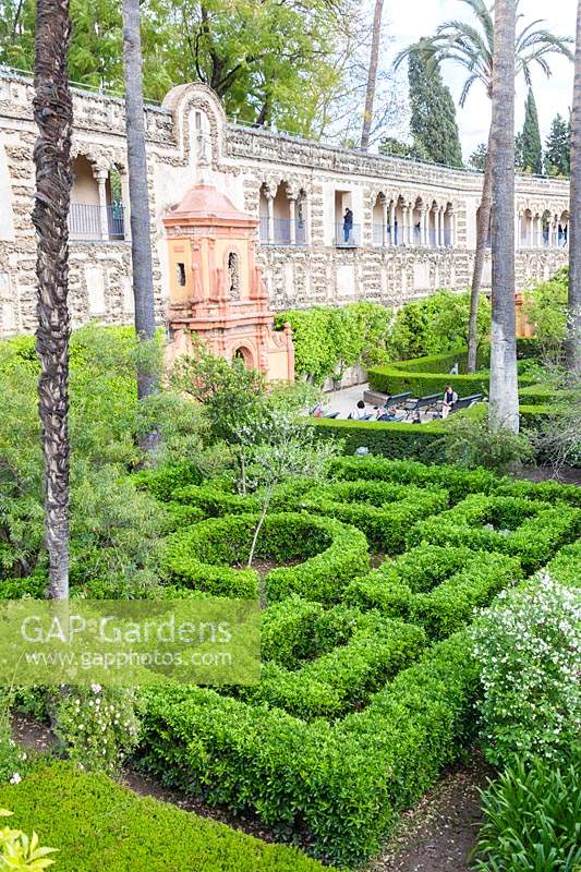 View to the Galera del Grutesco. Alcazar Palace Gardens, Seville, Spain.