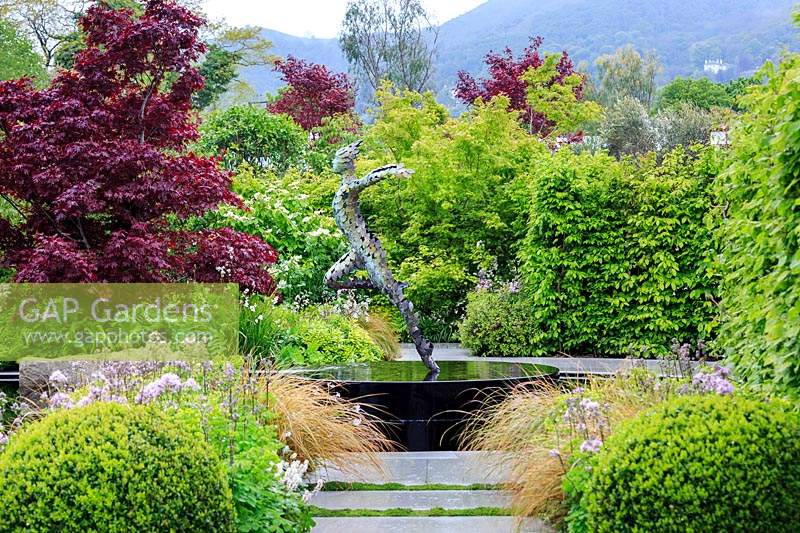 The Leaf Creative Garden. A Garden of Quiet Contemplation, designed by Peter Dowle, planting by Howle Hill Nursery. RHS Malvern Spring Festival, 2019.
