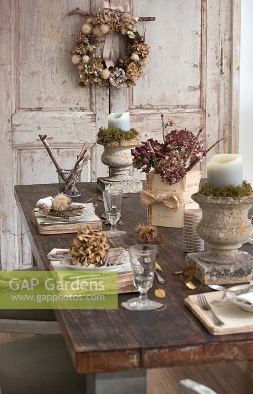 Dried Hydrangea table setting with Hydrangea wreath on door